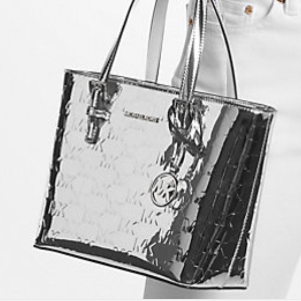 MICHAEL KORS Jet Set Extra-Small Patent Logo Debossed Convertible TZ Tote
Silver